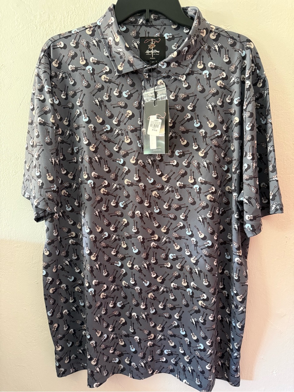 LANSKY BROS CLOTHIER To the king Short Sleeve Golf OVER Dk Grey  Guitar print XL